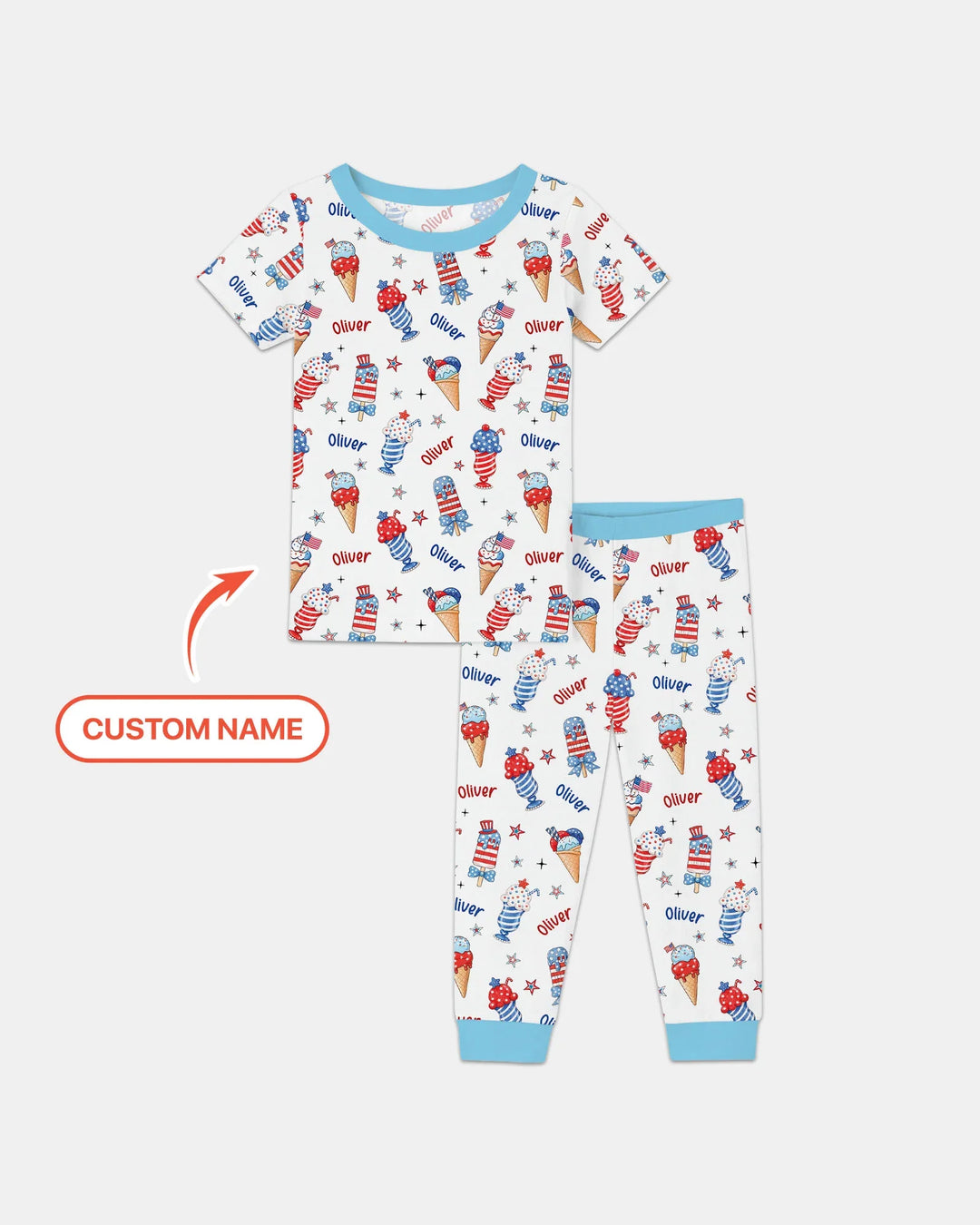 Custom Name Red, White & Ice Cream Bamboo Two Piece Short Sleeve Pajama Set