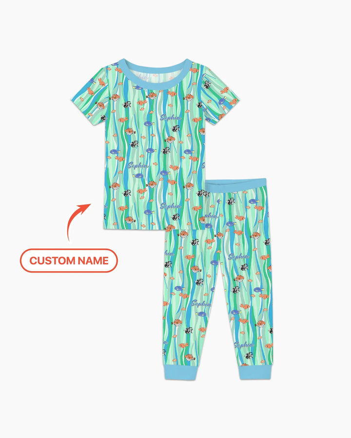 Custom Name Summer Beach Bamboo Two Piece Short Sleeve Pajama Set