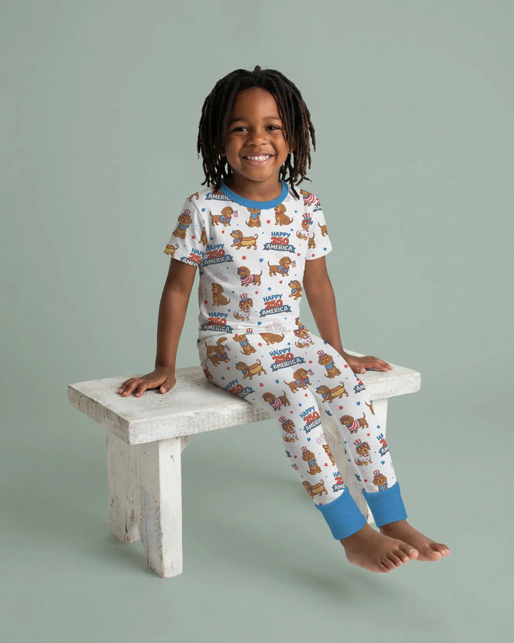 Red, White & Wiener Bamboo Two Piece Short Sleeve Pajama Set