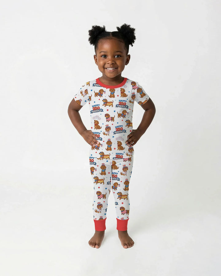 Red, White & Wiener Bamboo Two Piece Short Sleeve Pajama Set