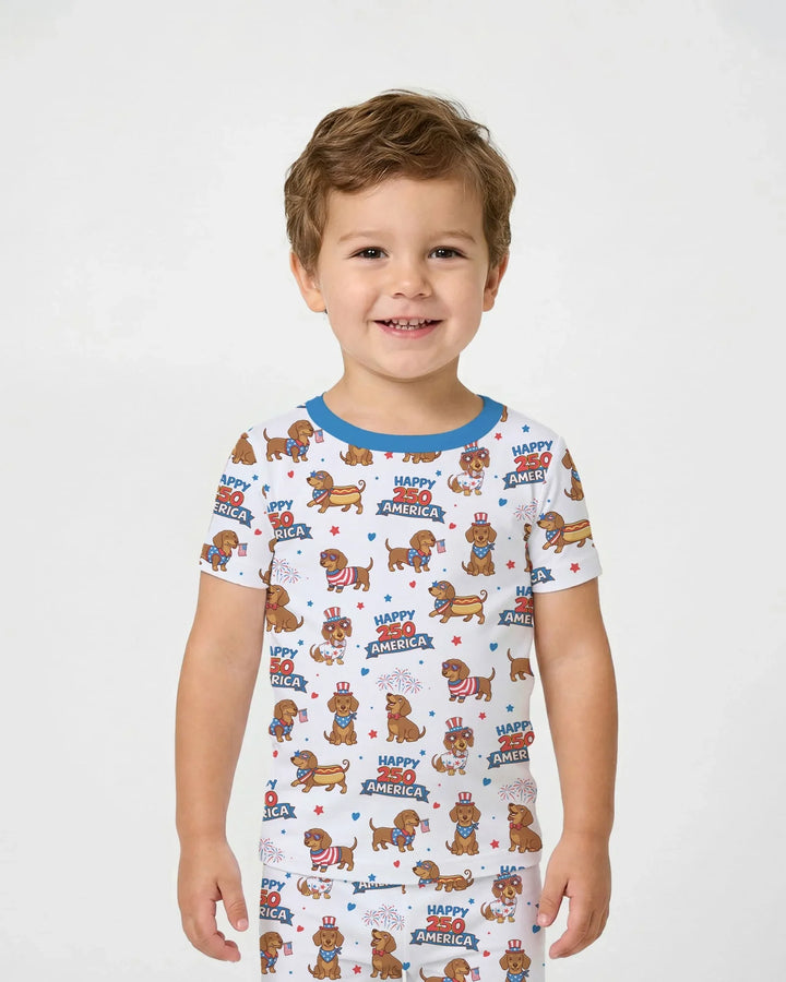 Red, White & Wiener Bamboo Two Piece Short Sleeve Pajama Set