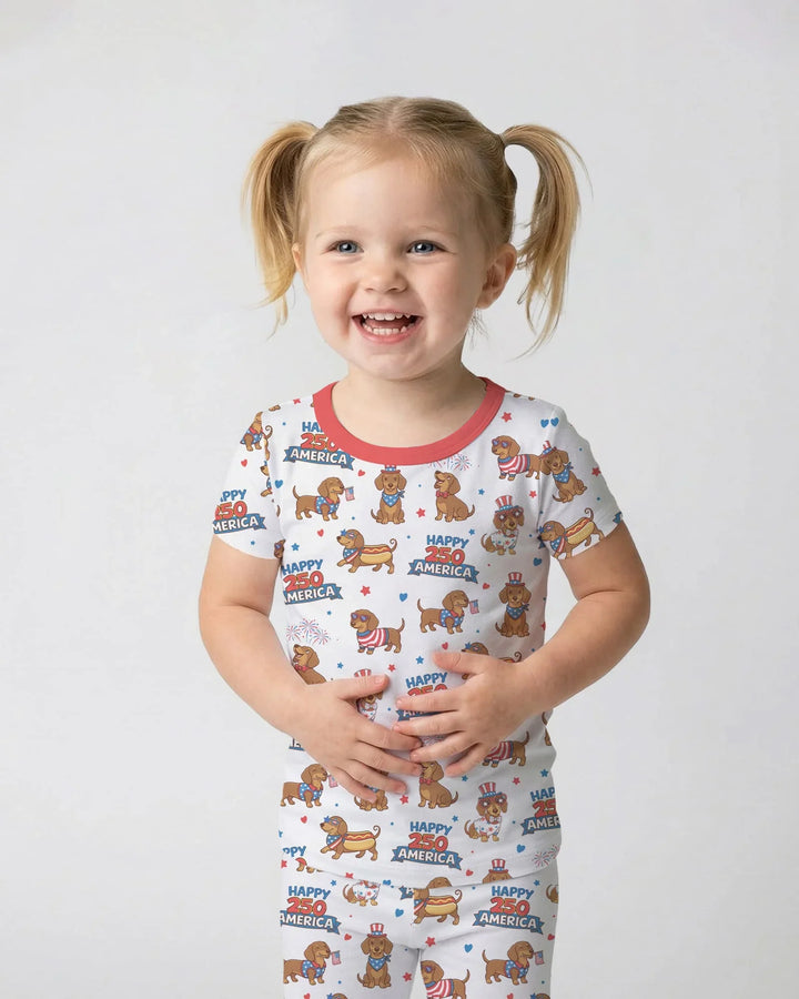 Red, White & Wiener Bamboo Two Piece Short Sleeve Pajama Set