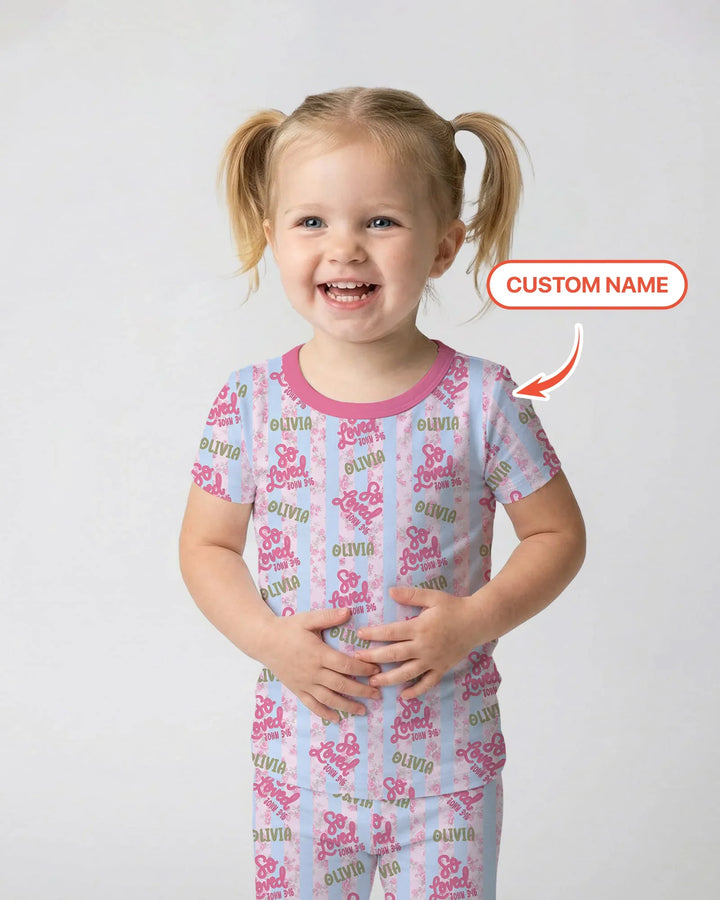 So Loved Custom Name  Bamboo Two Piece Short Sleeve Pajama Set