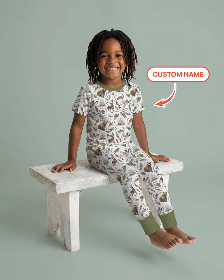 Custom Name Little Hunter Bamboo Two Piece Short Sleeve Pajama Set