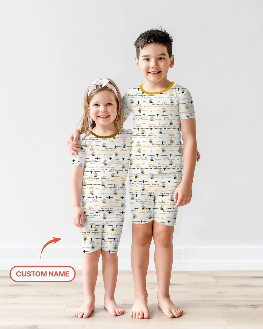 Bee Strong And Courageous Custom Name Bamboo Two Piece Short Sleeve Shorts Pajama Set