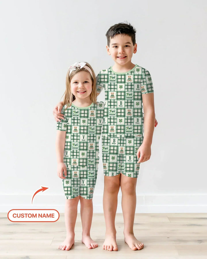 Custom Name Teddy Bear Gingham St. Patrick's Day Bamboo Two Piece Short Sleeve Shorts Pajama Set