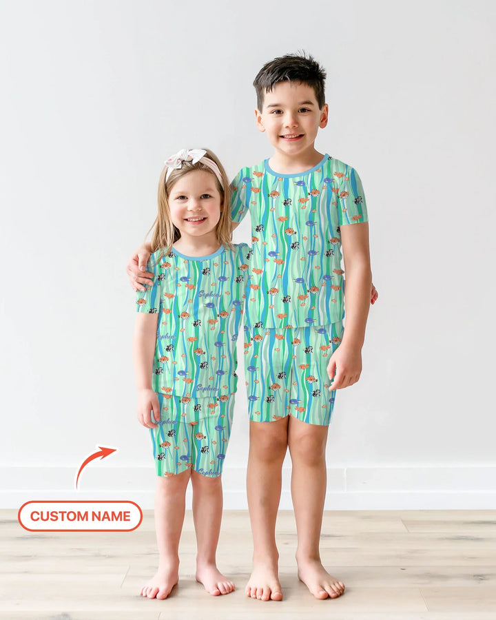 Custom Name Summer Beach Bamboo Two Piece Short Sleeve Shorts Pajama Set
