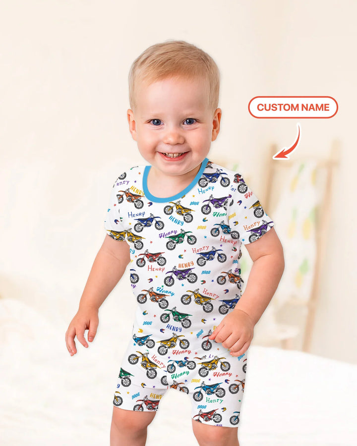 Dirt Track Dreamer Custom Name Daddy & Me Matching Bamboo Two Piece Short Sleeve Shorts Pajama Set