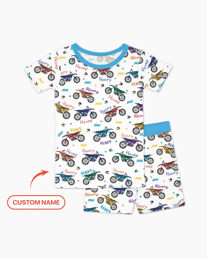 Dirt Track Dreamer Custom Name Daddy & Me Matching Bamboo Two Piece Short Sleeve Shorts Pajama Set