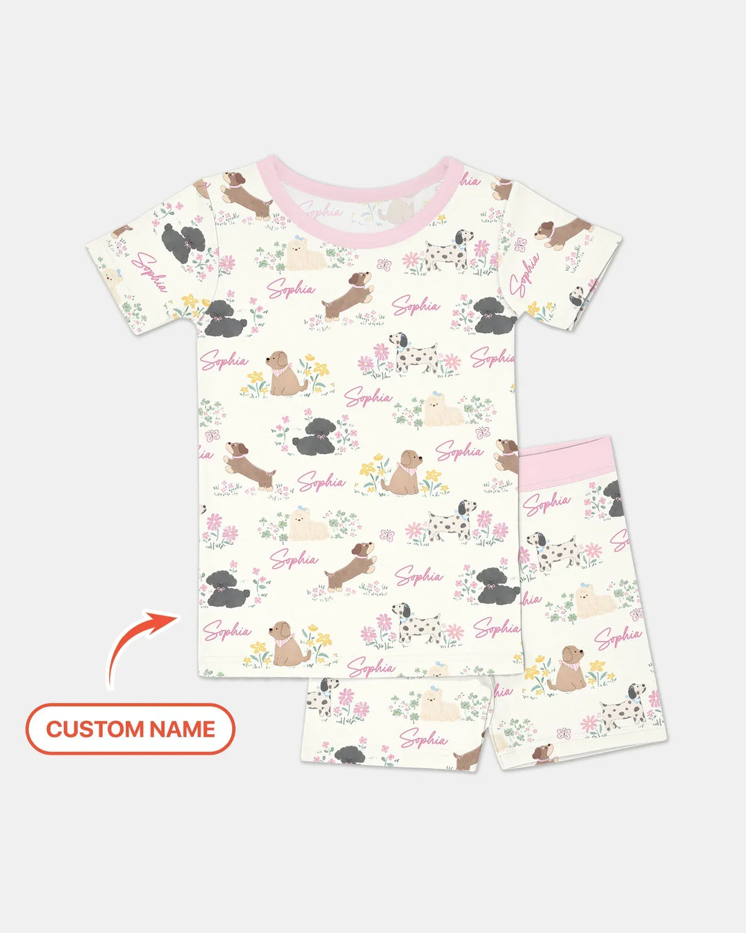Custom Name Flower Dogs Bamboo Two Piece Short Sleeve Shorts Pajama Set