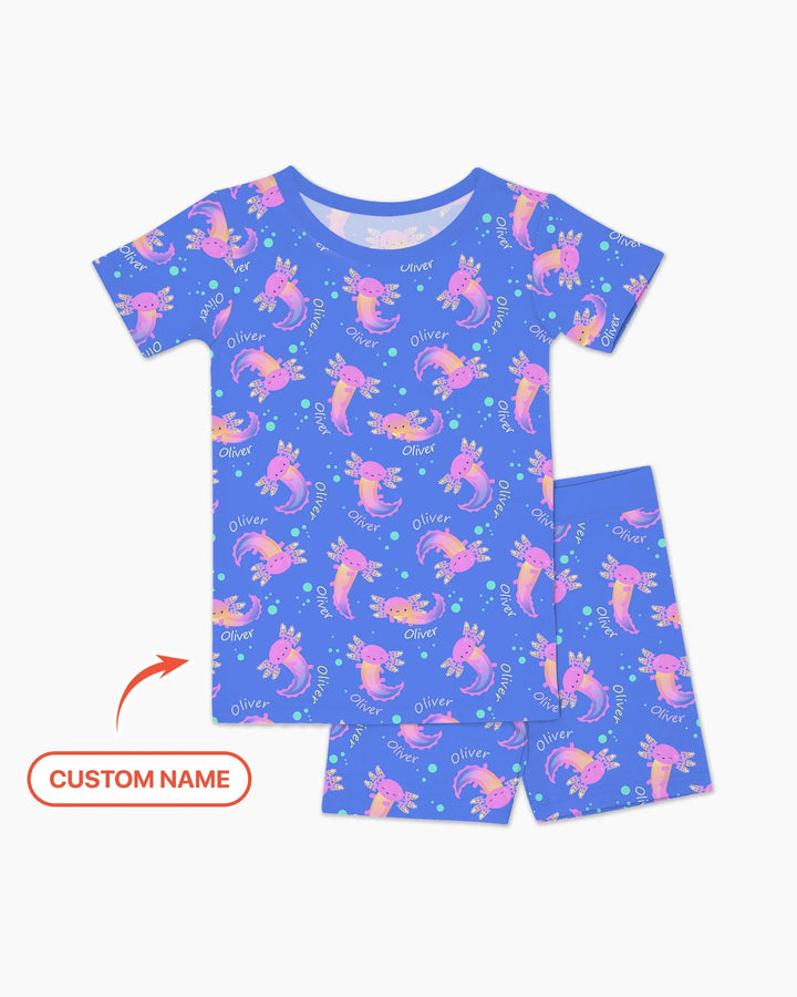 Axolotl Glow Custom Name Bamboo Two Piece Short Sleeve Shorts Pajama Set