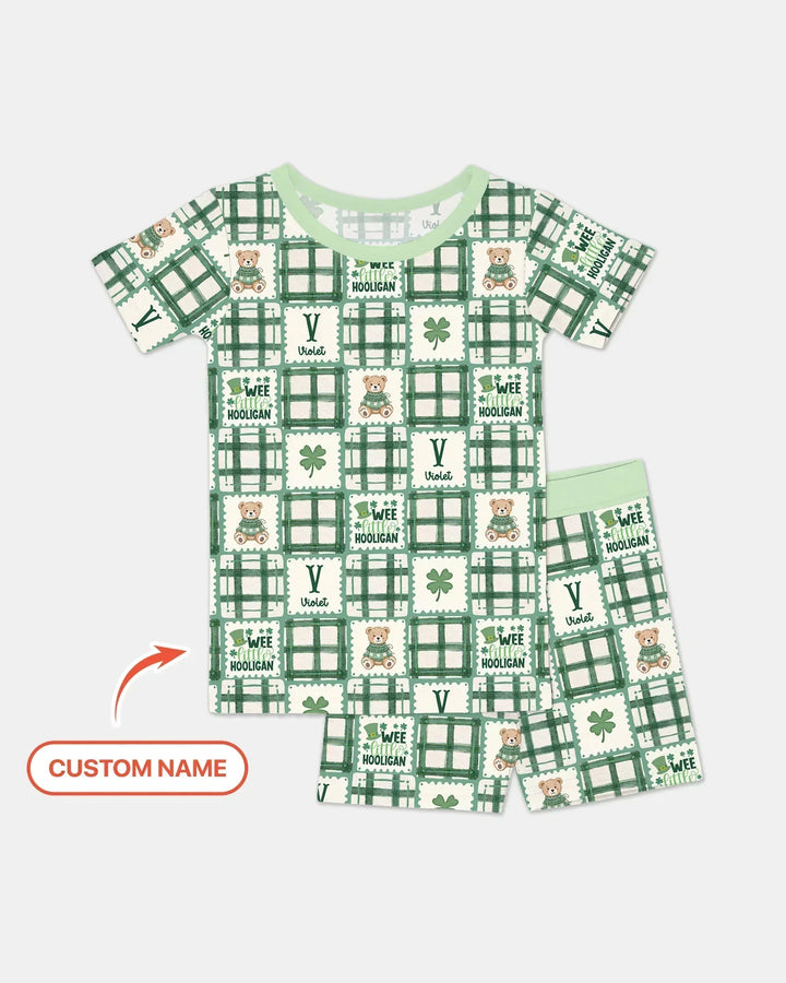 Custom Name Teddy Bear Gingham St. Patrick's Day Bamboo Two Piece Short Sleeve Shorts Pajama Set