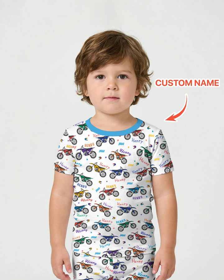 Dirt Track Dreamer Custom Name Daddy & Me Matching Bamboo Two Piece Short Sleeve Shorts Pajama Set
