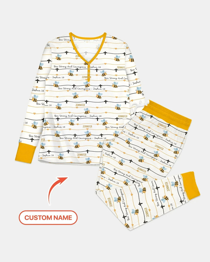 Bee Strong And Courageous Custom Name Bamboo Women Pajama Set