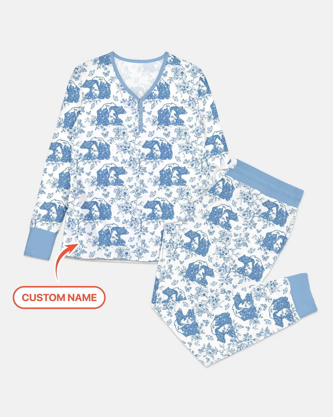 Personalisierter Name Mama Bär Toile Bambus Damen Schlafanzug Set