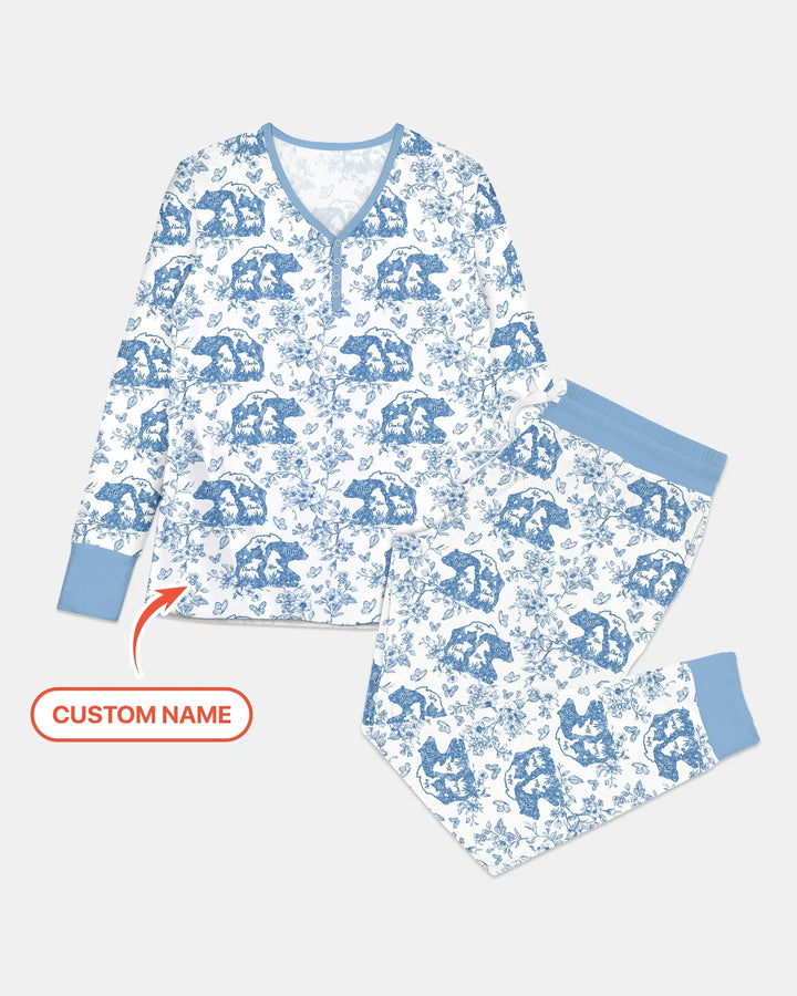 Personalisierter Name Mama Bär Toile Bambus Damen Schlafanzug Set