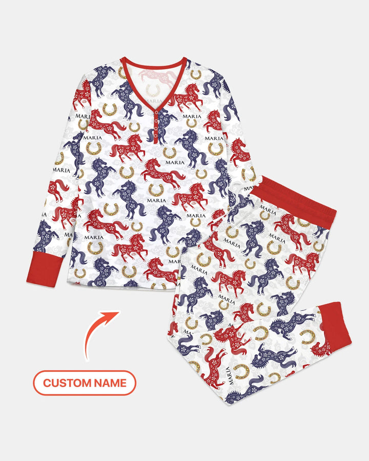 Benutzerdefinierter Name Chinoiserie Pferde Bambus Damen Schlafanzug Set