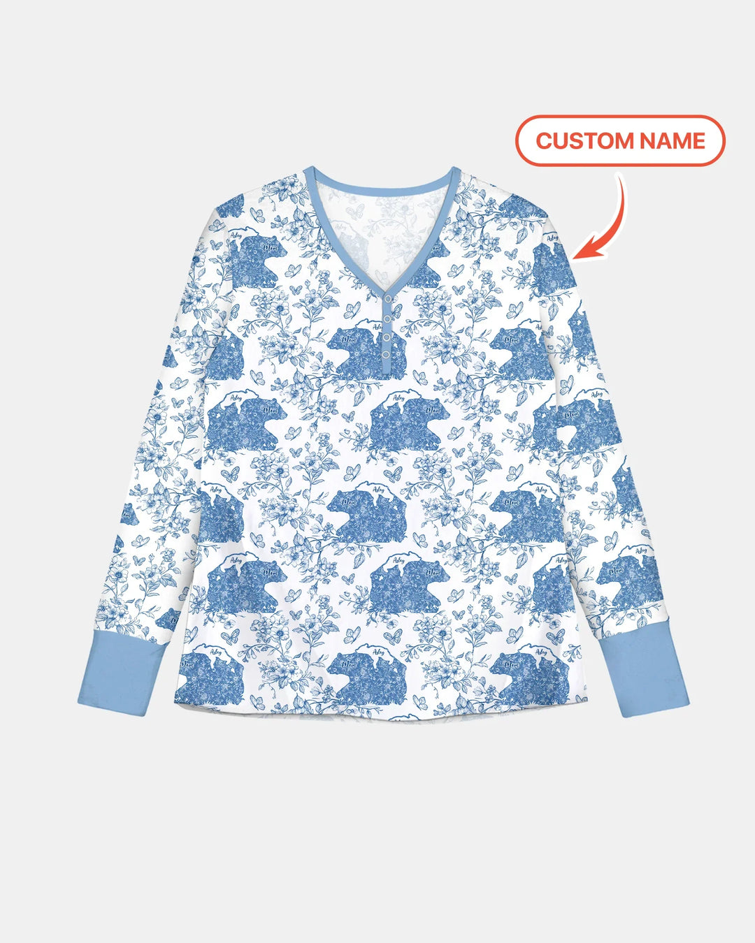 Personalisierter Name Mama Bär Toile Bambus Damen Schlafanzug Set