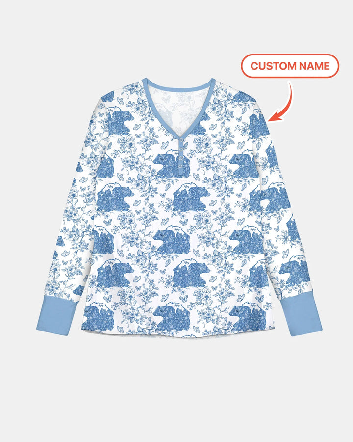 Personalisierter Name Mama Bär Toile Bambus Damen Schlafanzug Set