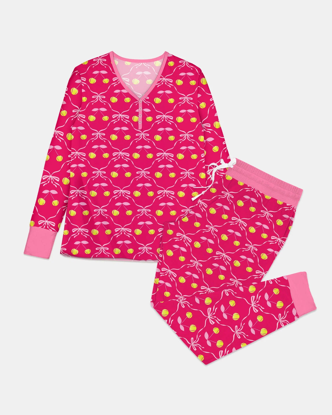 Kirsch-Baseball-Softball-Mama-und-Mädchen-passendes-Bambus-Damen-Pyjama-Set
