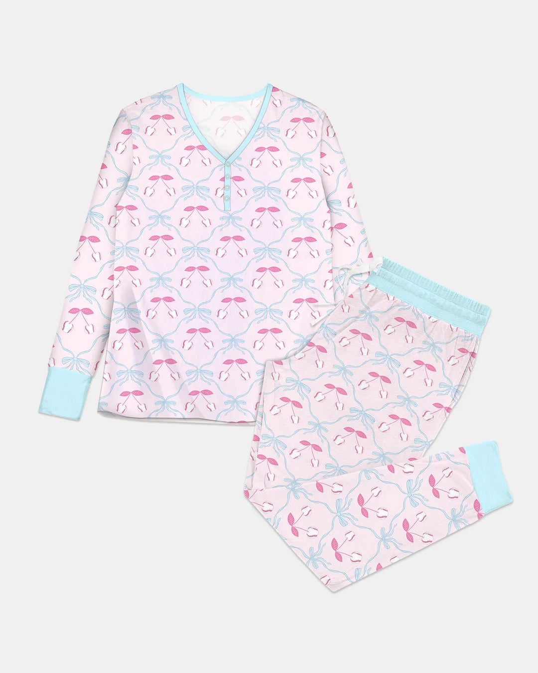 Kirsch-Baseball-Softball-Mama-und-Mädchen-passendes-Bambus-Damen-Pyjama-Set
