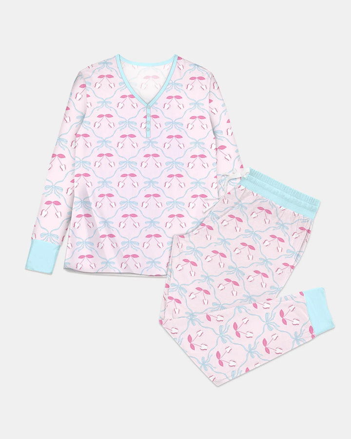 Kirsch-Baseball-Softball-Mama-und-Mädchen-passendes-Bambus-Damen-Pyjama-Set