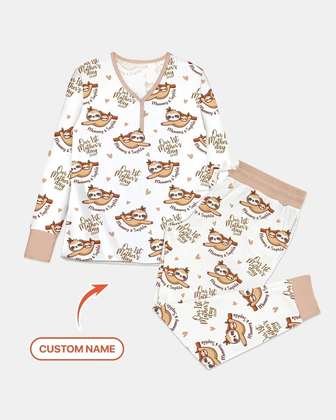 Benutzerdefinierter Name Mama & Baby Faultier – Unser erster Muttertag 2026 Bambus Damen Pyjama Set