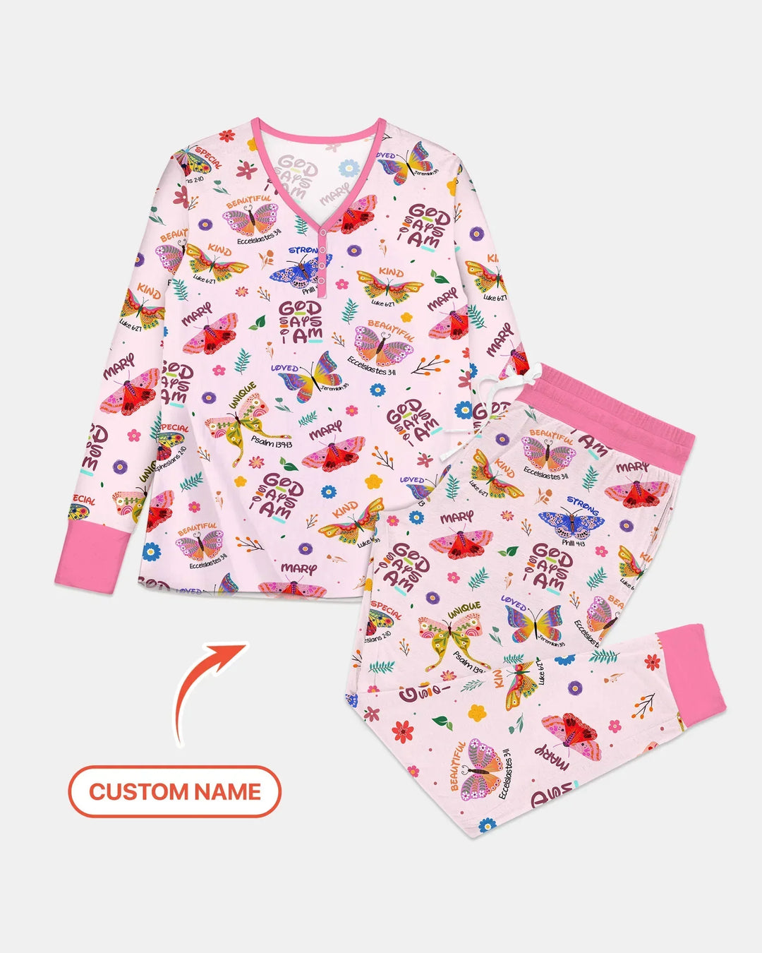 Personalisierter Name Gott sagt, ich bin ein Pyjama-Set für Damen mit Schmetterlings-Bambus