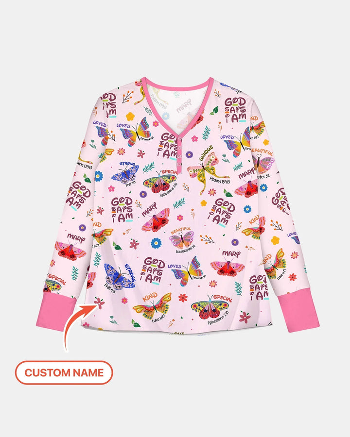 Personalisierter Name Gott sagt, ich bin ein Pyjama-Set für Damen mit Schmetterlings-Bambus