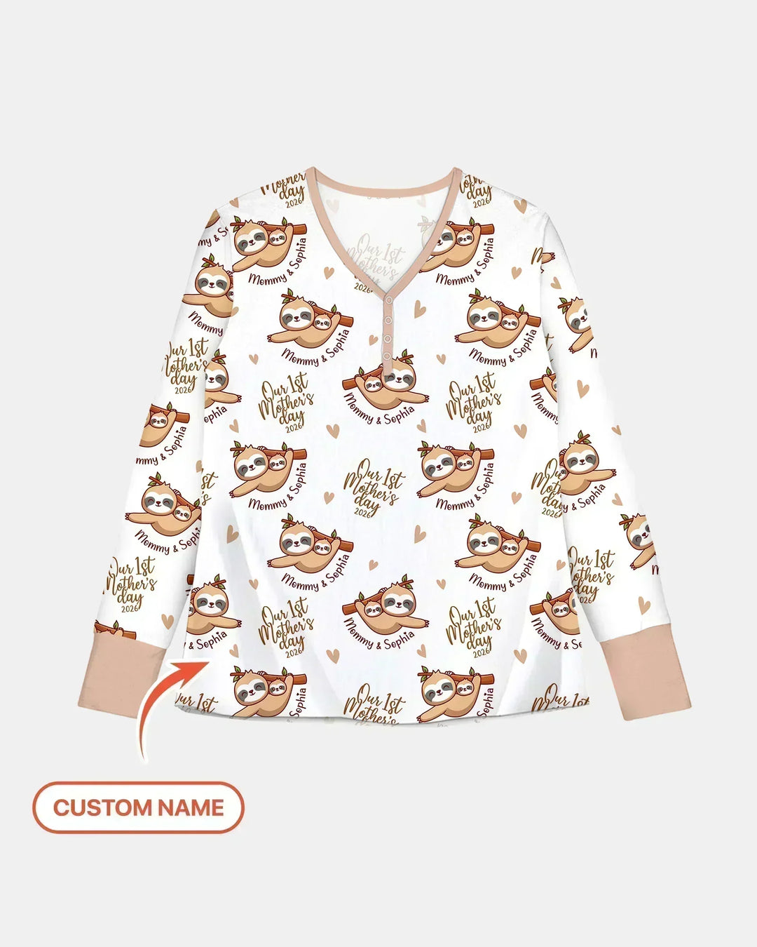 Benutzerdefinierter Name Mama & Baby Faultier – Unser erster Muttertag 2026 Bambus Damen Pyjama Set