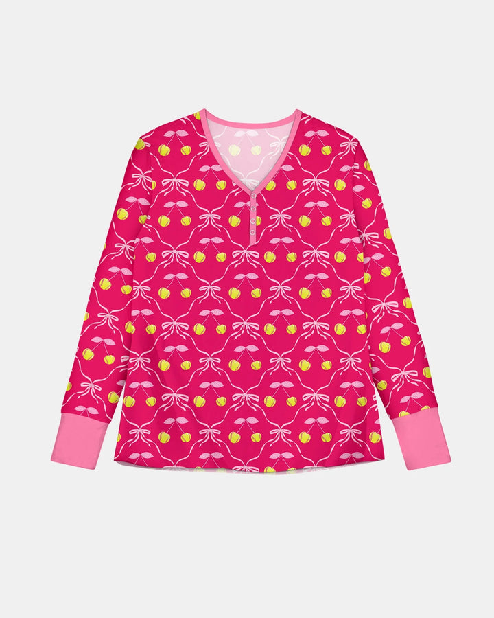 Kirsch-Baseball-Softball-Mama-und-Mädchen-passendes-Bambus-Damen-Pyjama-Set