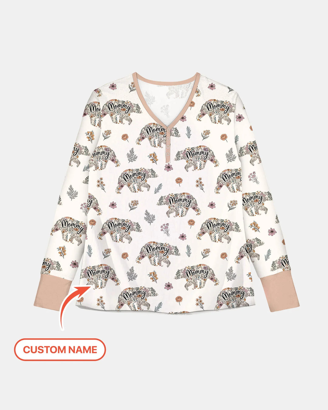 Benutzerdefinierter Name Blumen Bär Familie Passender Bambus Damen Schlafanzug Set