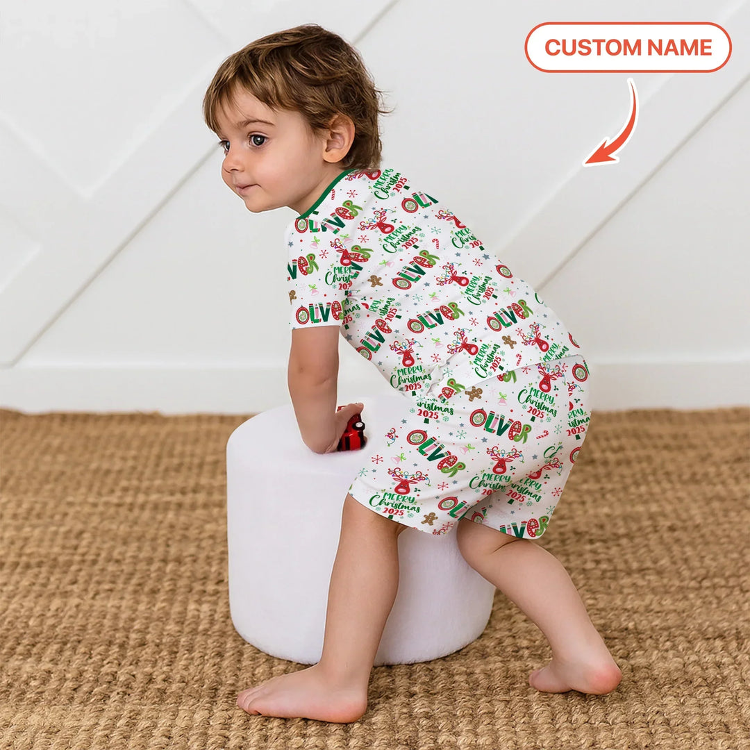 Custome Name "Whimsical Little Green" Two Piece Short Sleeve Shorts Pajama Set , Custome Name "Whimsical Little Green" Two Piece Short Sleeve Shorts Pajama Set - 12-18M
