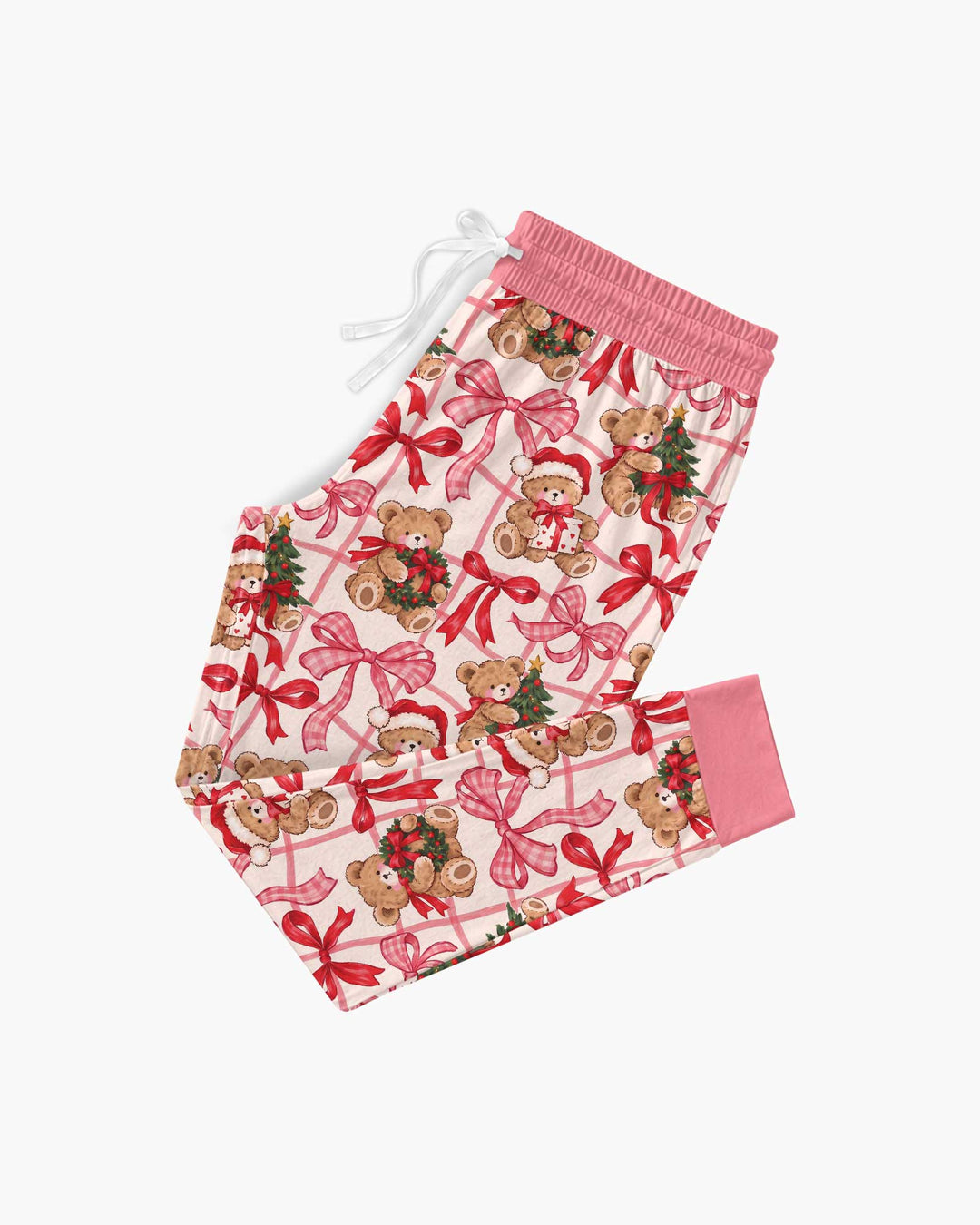 Pink Christmas Teddy Bear Plaid Mommy & Me Matching Bamboo Women Pajama Set