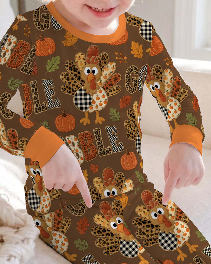 Patchwork Gobble Turkey Pumpkin Bamboo Two Piece Long Sleeve Pajama Set