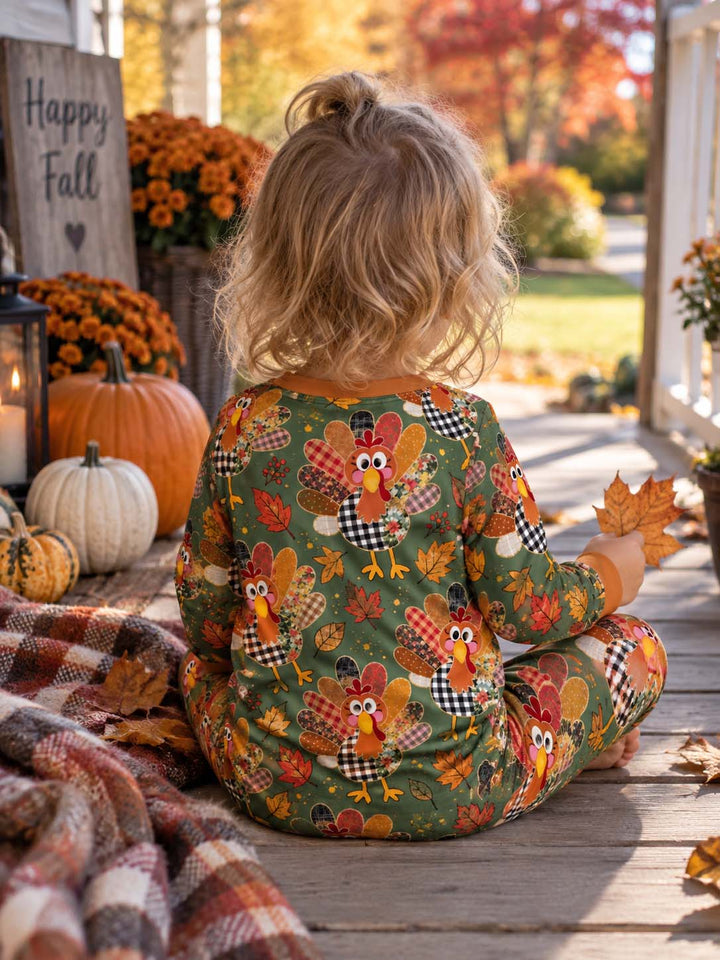 Patchwork Turkey Autumn Leaves Bamboo Two Piece Long Sleeve Pajama Set