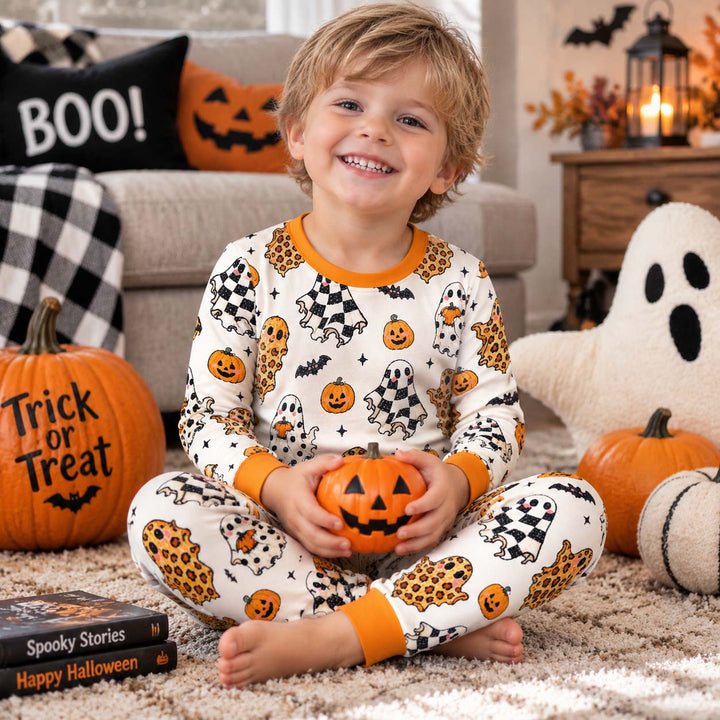 Patterned Ghost Halloween Bamboo Two Piece Long Sleeve Pajama Set