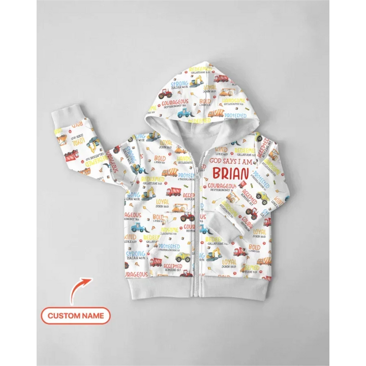 Personalisierter Gott sagt, ich bin ein kleiner Baumeister Bambus-Kapuzenpullover mit Reißverschluss