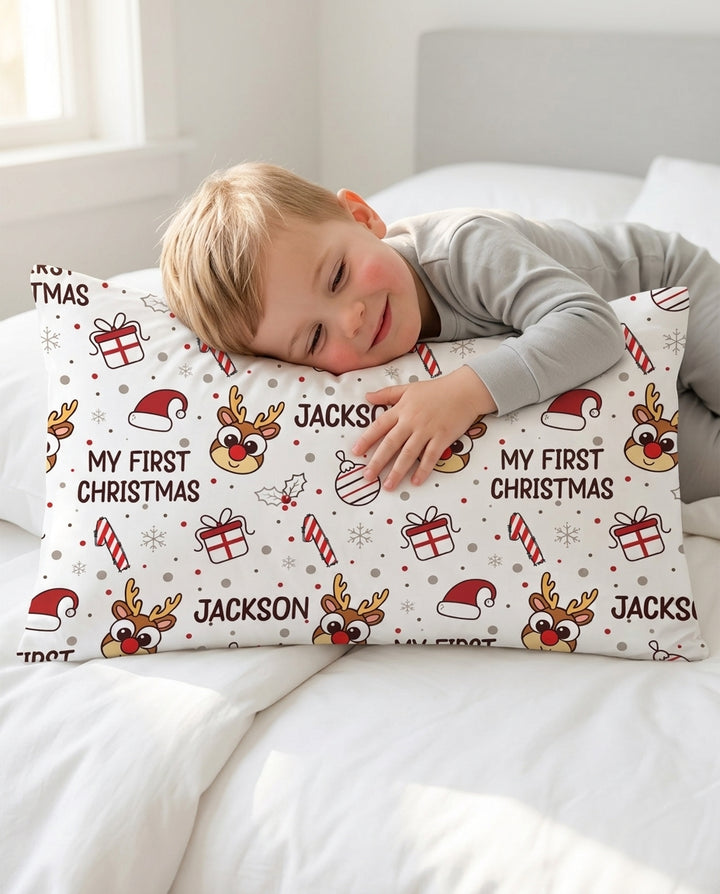 Custom Name Reindeer Doodle My First Christmas Bamboo Pillow Case