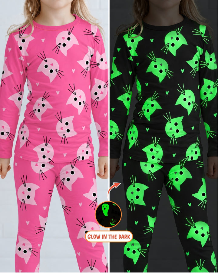 Glow In The Dark Pink Kitty Heart Toss Bamboo Two Piece Long Sleeve Pajama Set