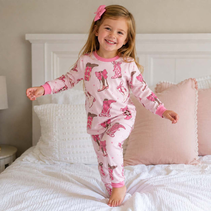 Pink Bow Cowgirl Boots Bamboo Two Piece Long Sleeve Pajama Set