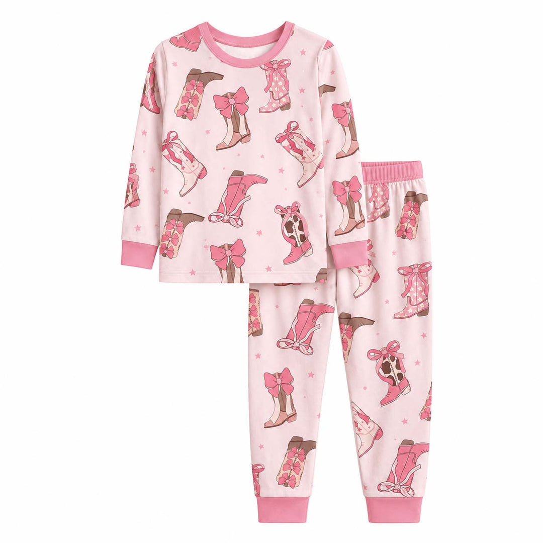 Pink Bow Cowgirl Boots Bamboo Two Piece Long Sleeve Pajama Set