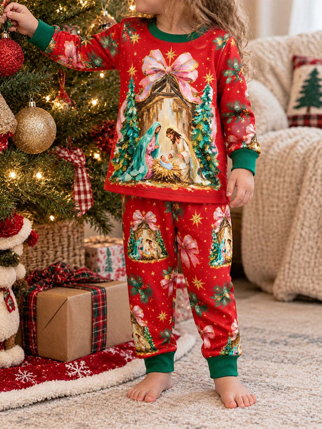 Pink Bow Nativity Bamboo Two Piece Long Sleeve Pajama Set
