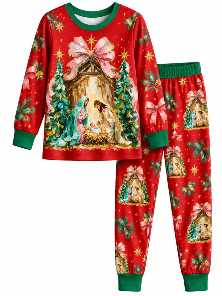 Pink Bow Nativity Bamboo Two Piece Long Sleeve Pajama Set