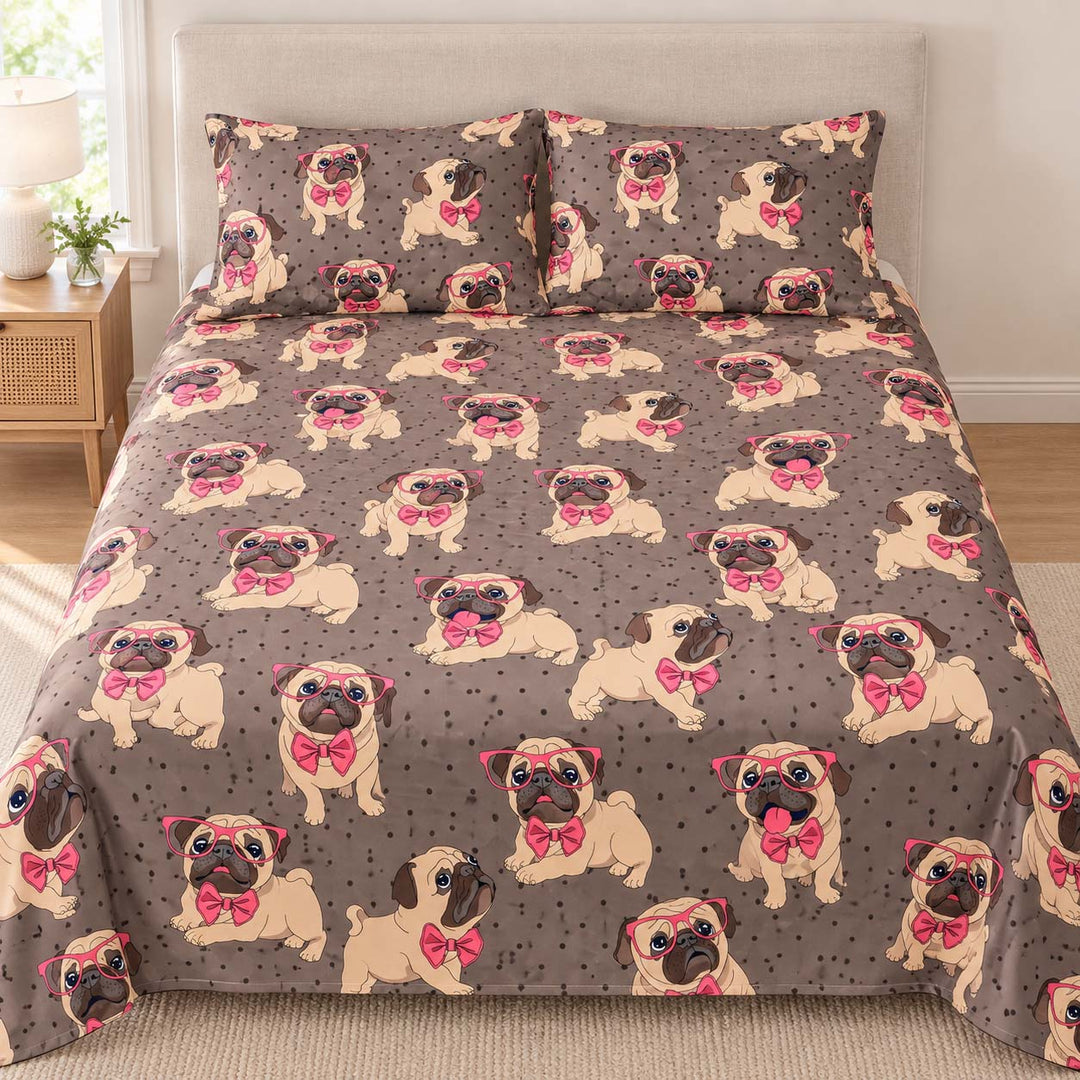 Pink Bow Pug Puppies Bamboo Bedding Set