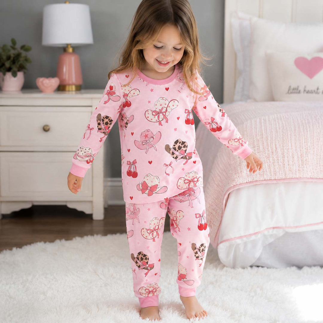 Pink Cherry Cowgirl Hats Bamboo Two Piece Long Sleeve Pajama Set