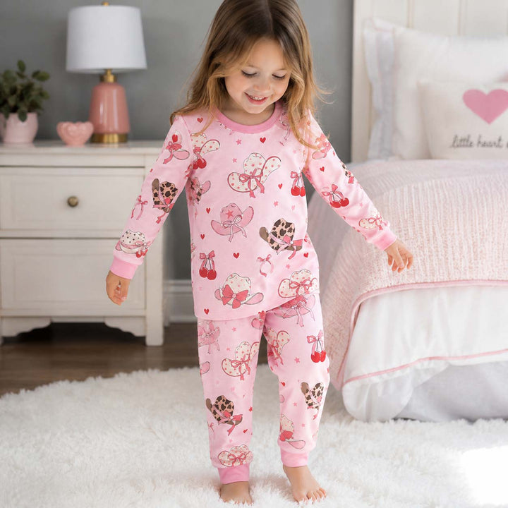 Pink Cherry Cowgirl Hats Bamboo Two Piece Long Sleeve Pajama Set