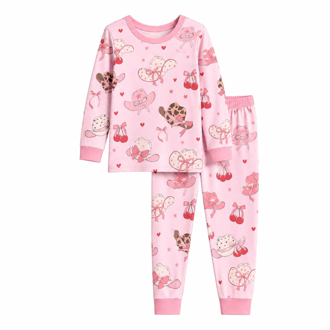 Pink Cherry Cowgirl Hats Bamboo Two Piece Long Sleeve Pajama Set