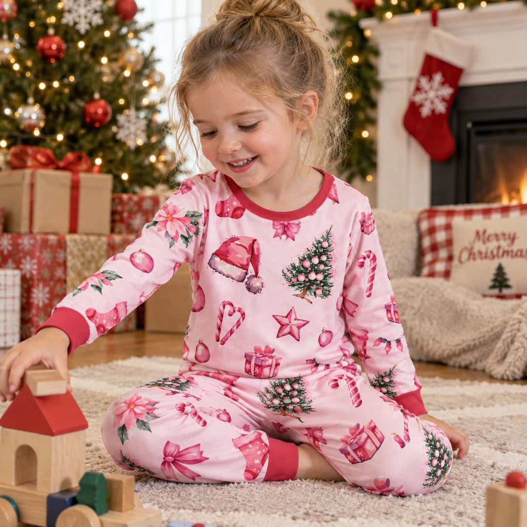 Pink Christmas Holiday Favorites Bamboo Two Piece Long Sleeve Pajama Set