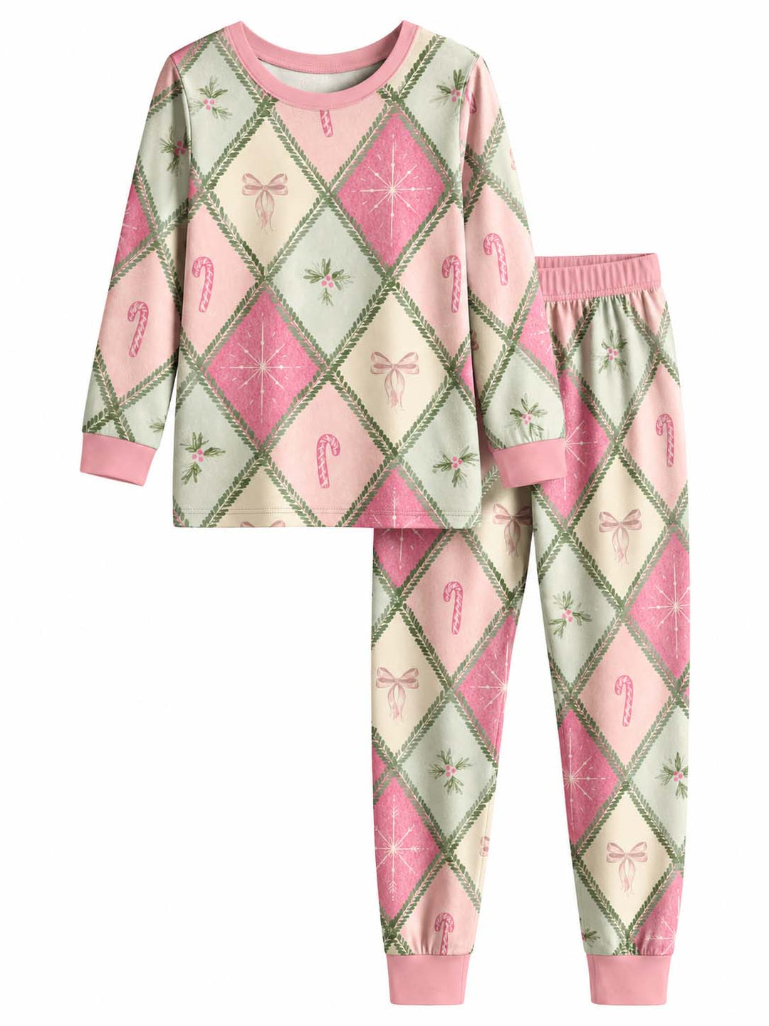 Pink Christmas Patchwork Bamboo Two Piece Long Sleeve Pajama Set